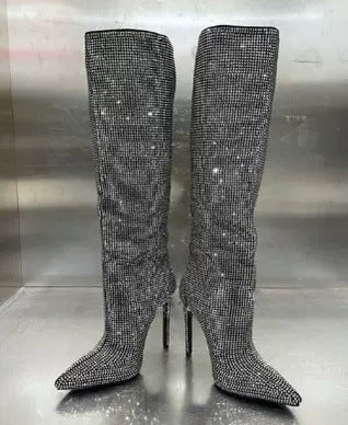 CHMURY Gloria Knee High Rhinestone Giltter High Heels Boots