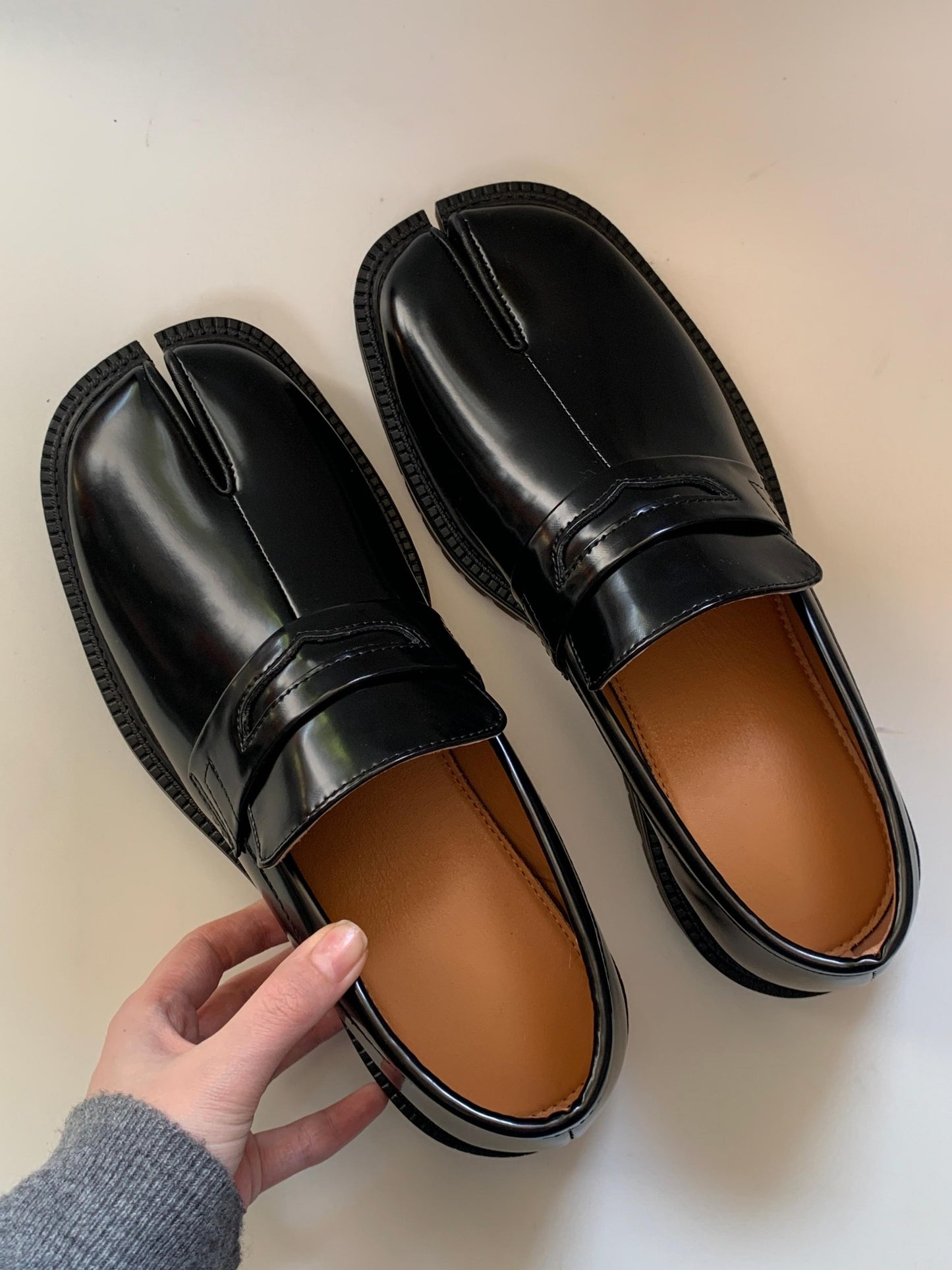 Tabi split toe black loafers