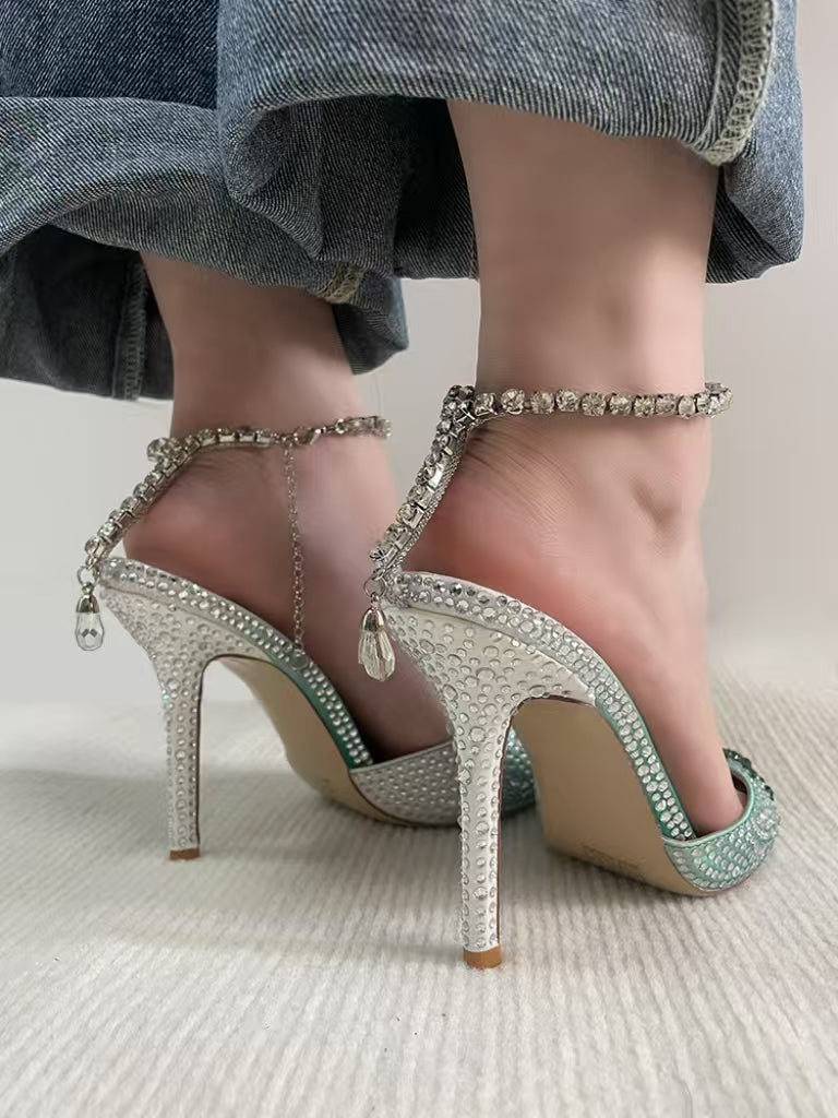 HCNBLING Grace Green Pointed toe Rhinestone 10cm high heels pumps shoes for women