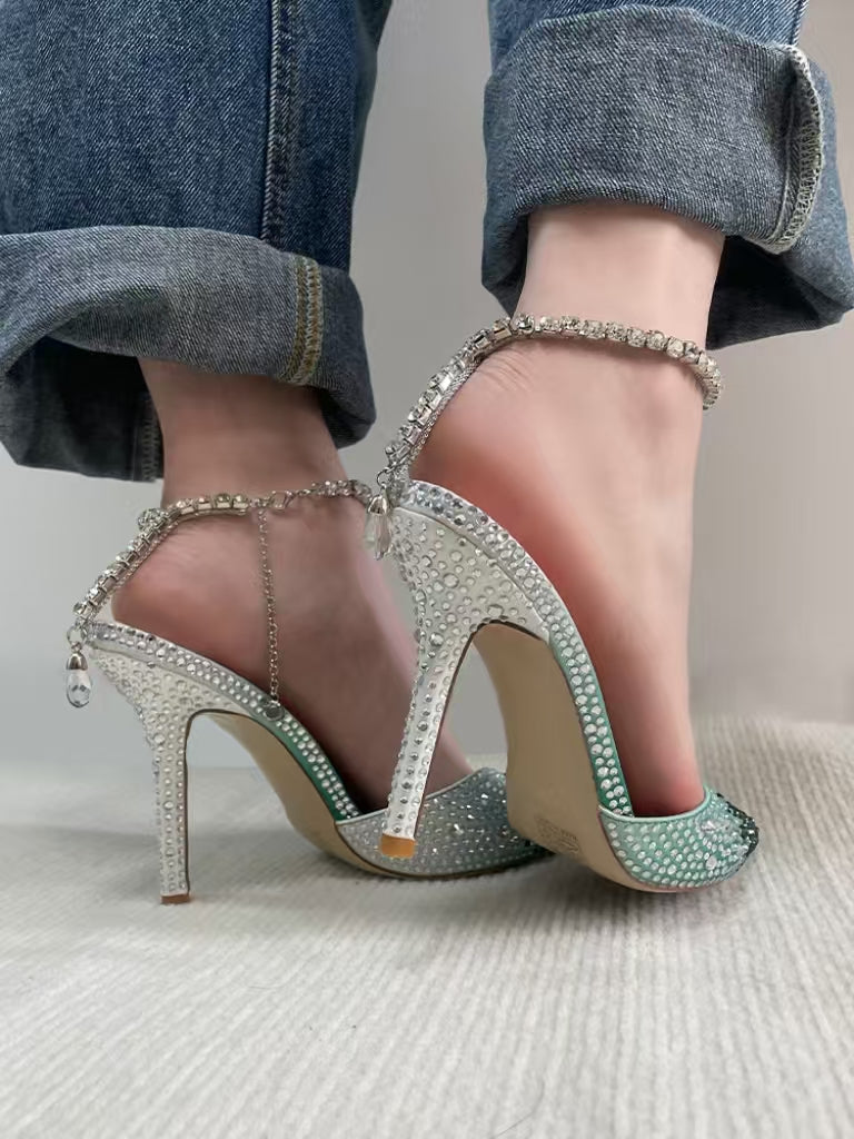 HCNBLING Grace Green Pointed toe Rhinestone 10cm high heels pumps shoes for women