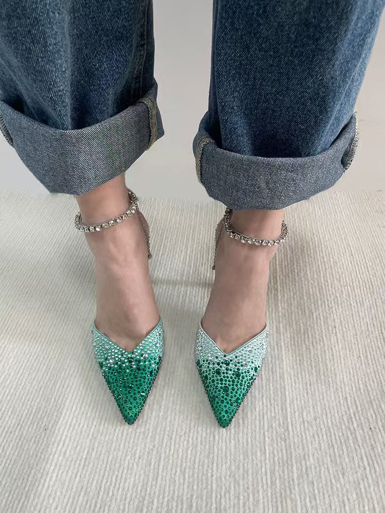 HCNBLING Grace Green Pointed toe Rhinestone 10cm high heels pumps shoes for women