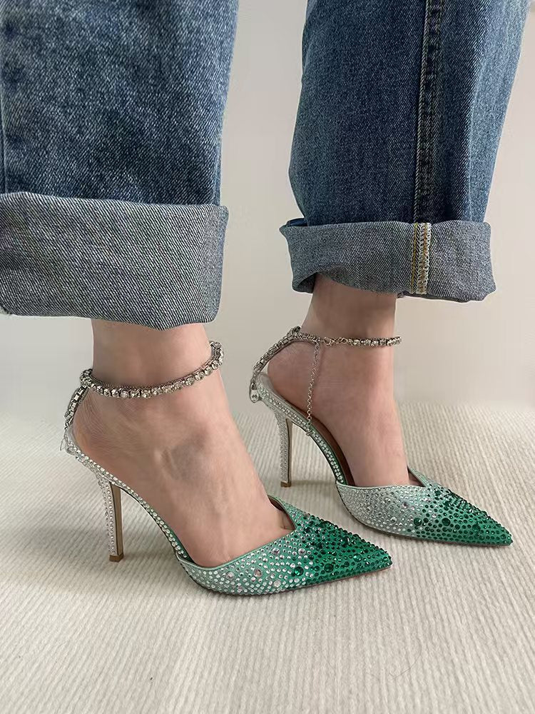 HCNBLING Grace Green Pointed toe Rhinestone 10cm high heels pumps shoes for women