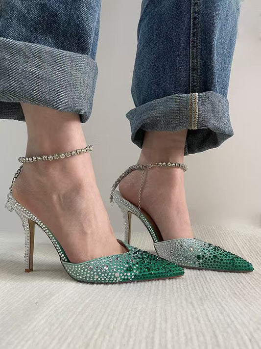 HCNBLING Grace Green Pointed toe Rhinestone 10cm high heels pumps shoes for women