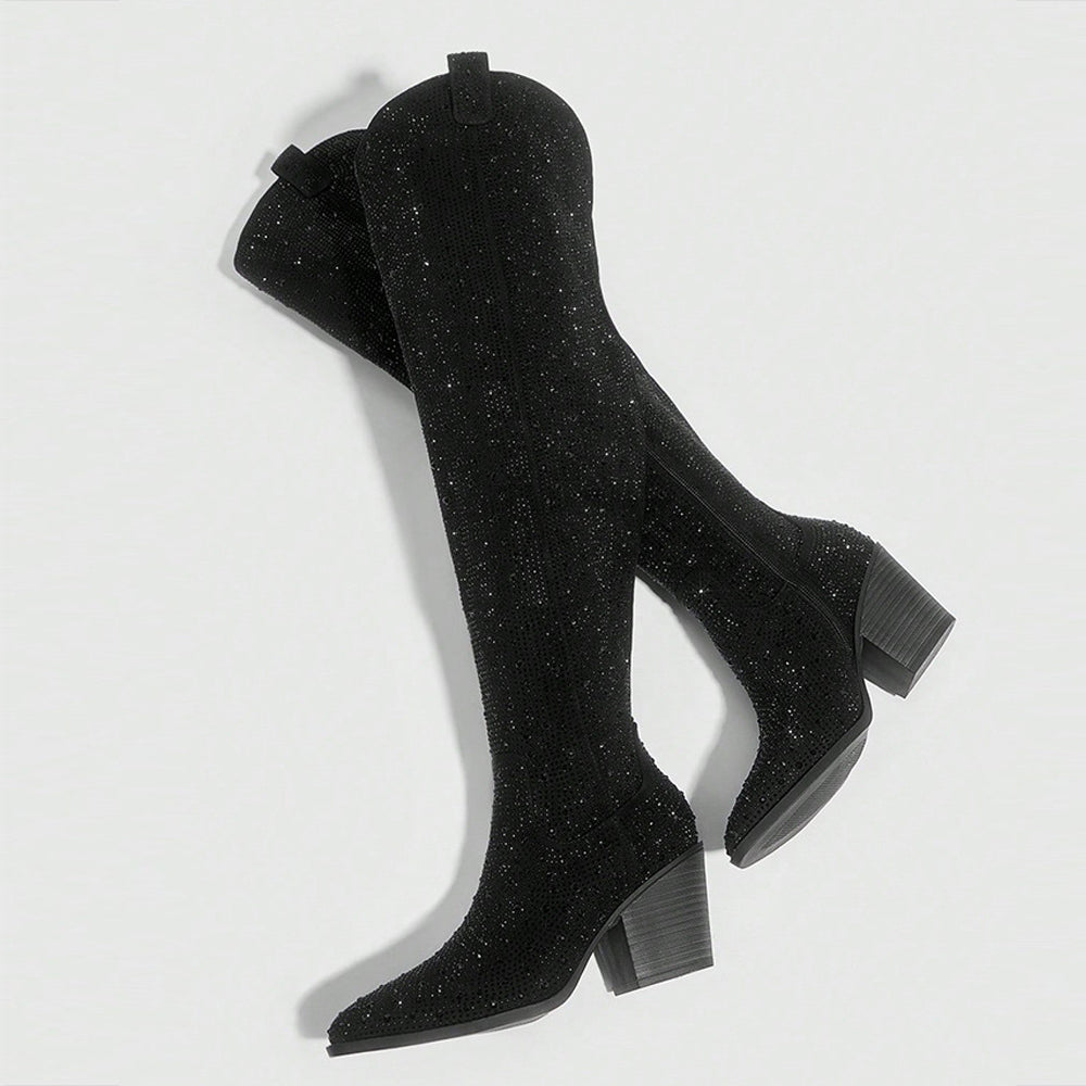 CHMURY Black Diamond Knee High Cowboy Boots